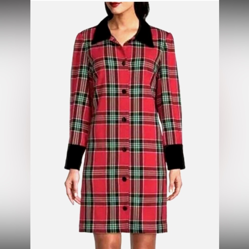 Preston & York Laurel Plaid Velvet Cuff & Collar Long Sleeve Shirt Dress. S-12